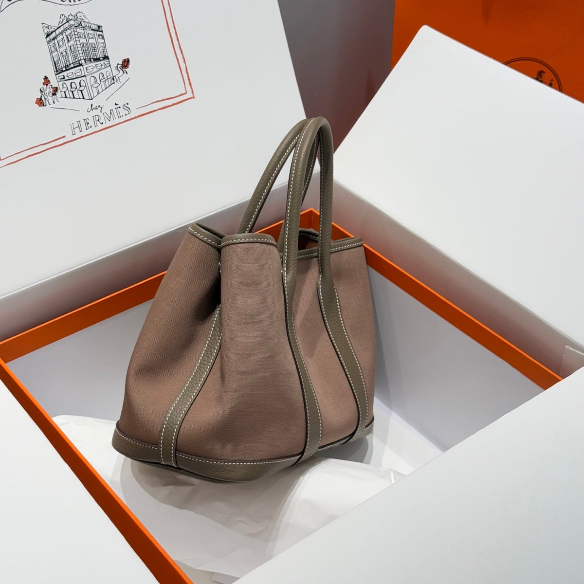 Hermes Garden Party 30cm in Brown Toilets Cotton Canvas and Togo Etoupe Calfskin Bag