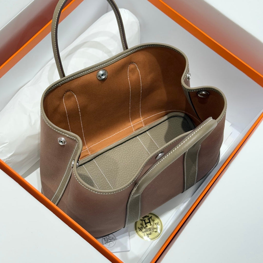 Hermes Garden Party 30cm in Brown Toilets Cotton Canvas and Togo Etoupe Calfskin Bag