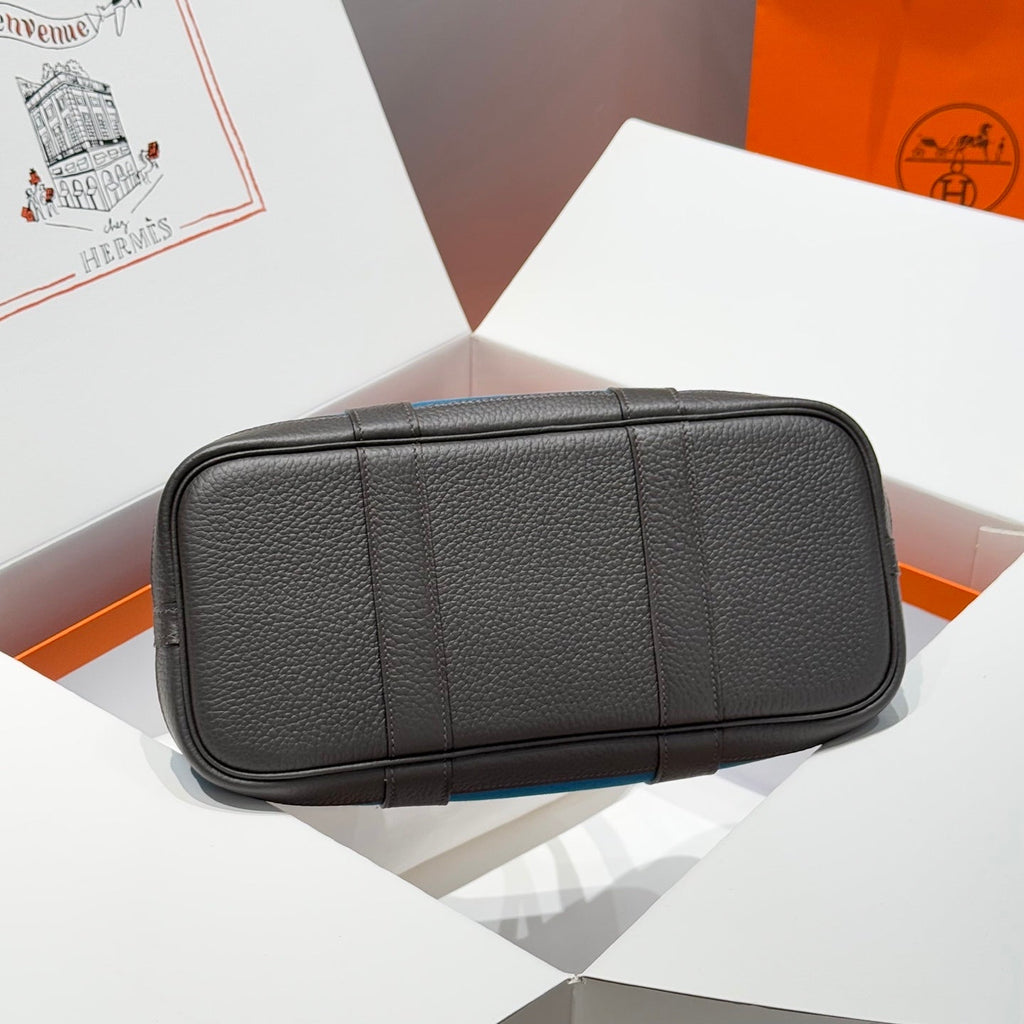 Hermes Garden Party 30cm in Blue Toilets Cotton Canvas and Black Calfskin Bag
