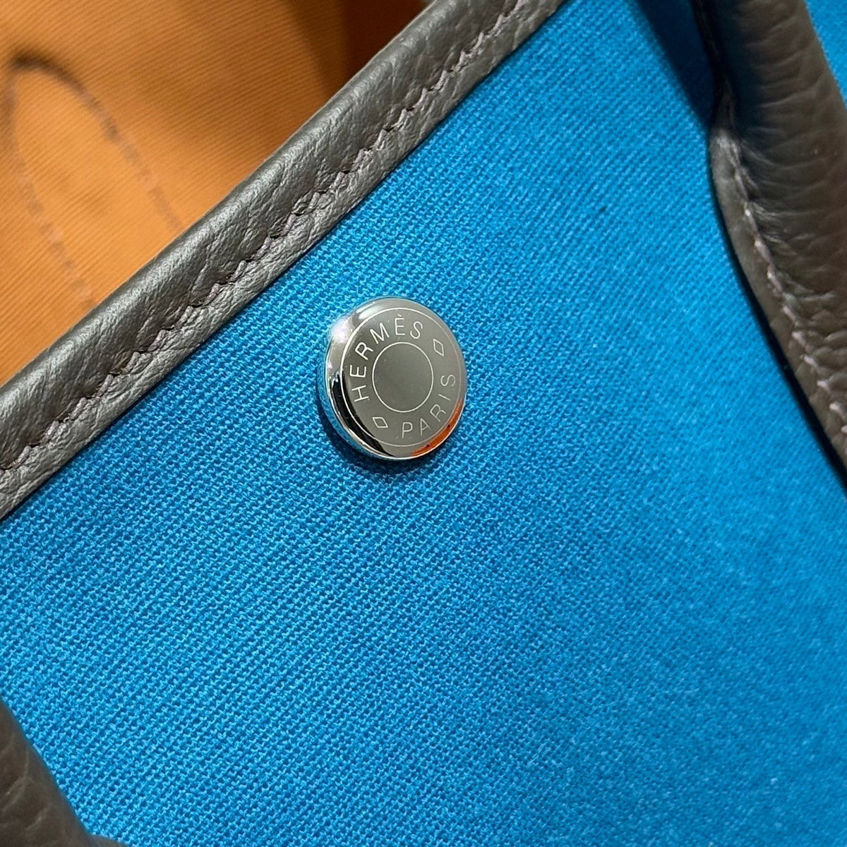 Hermes Garden Party 30cm in Blue Toilets Cotton Canvas and Black Calfskin Bag