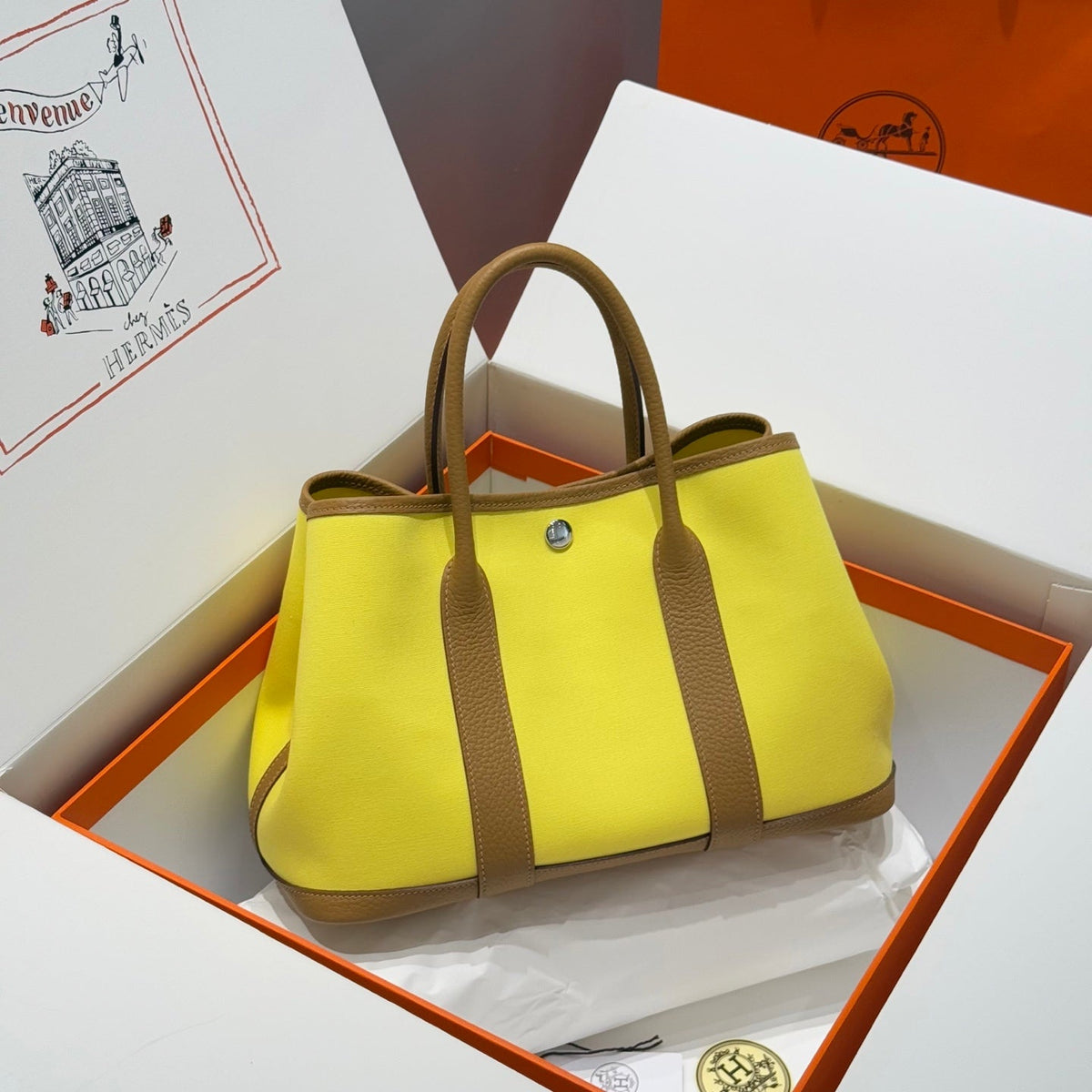 Hermes Garden Party 30cm in Yellow Toilets Cotton Canvas and Beige Marfa Calfskin Bag