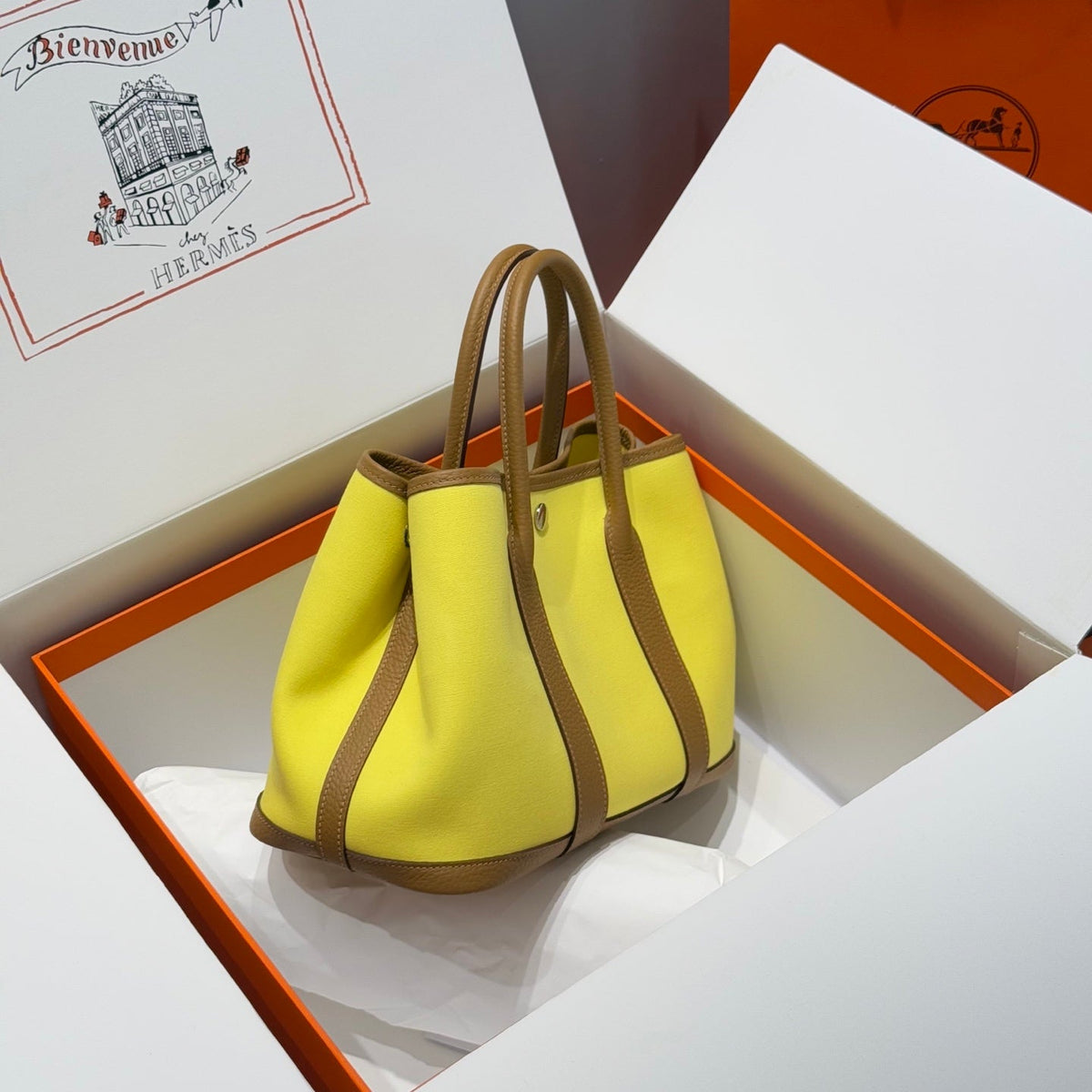 Hermes Garden Party 30cm in Yellow Toilets Cotton Canvas and Beige Marfa Calfskin Bag