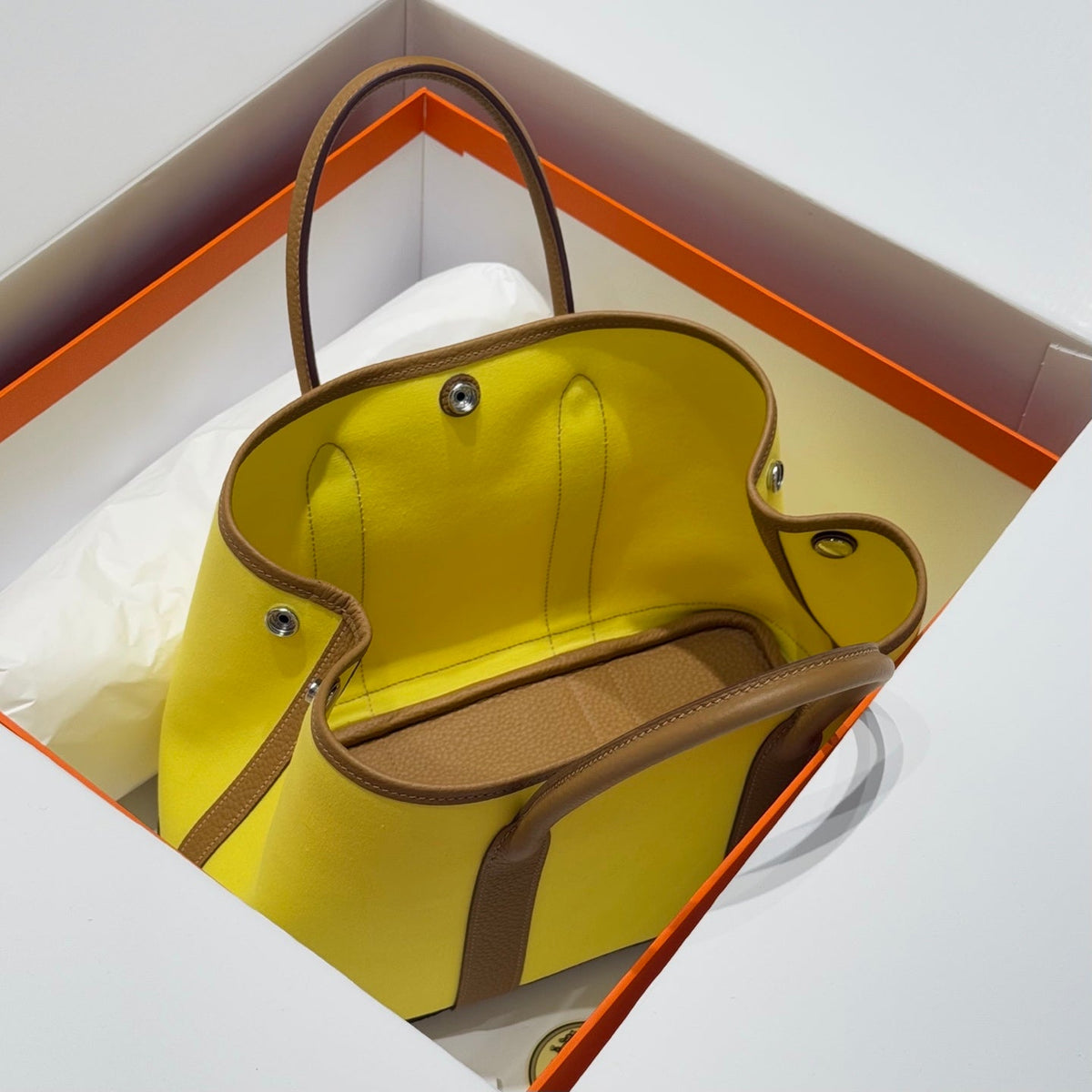 Hermes Garden Party 30cm in Yellow Toilets Cotton Canvas and Beige Marfa Calfskin Bag