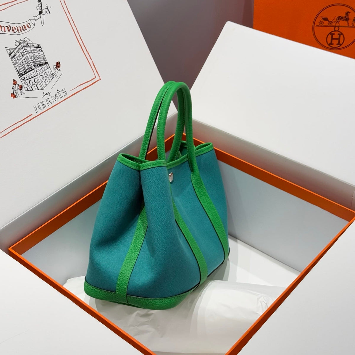 Hermes Garden Party 30cm in Cadmium Green Toilets Cotton Canvas and Green Calfskin Bag