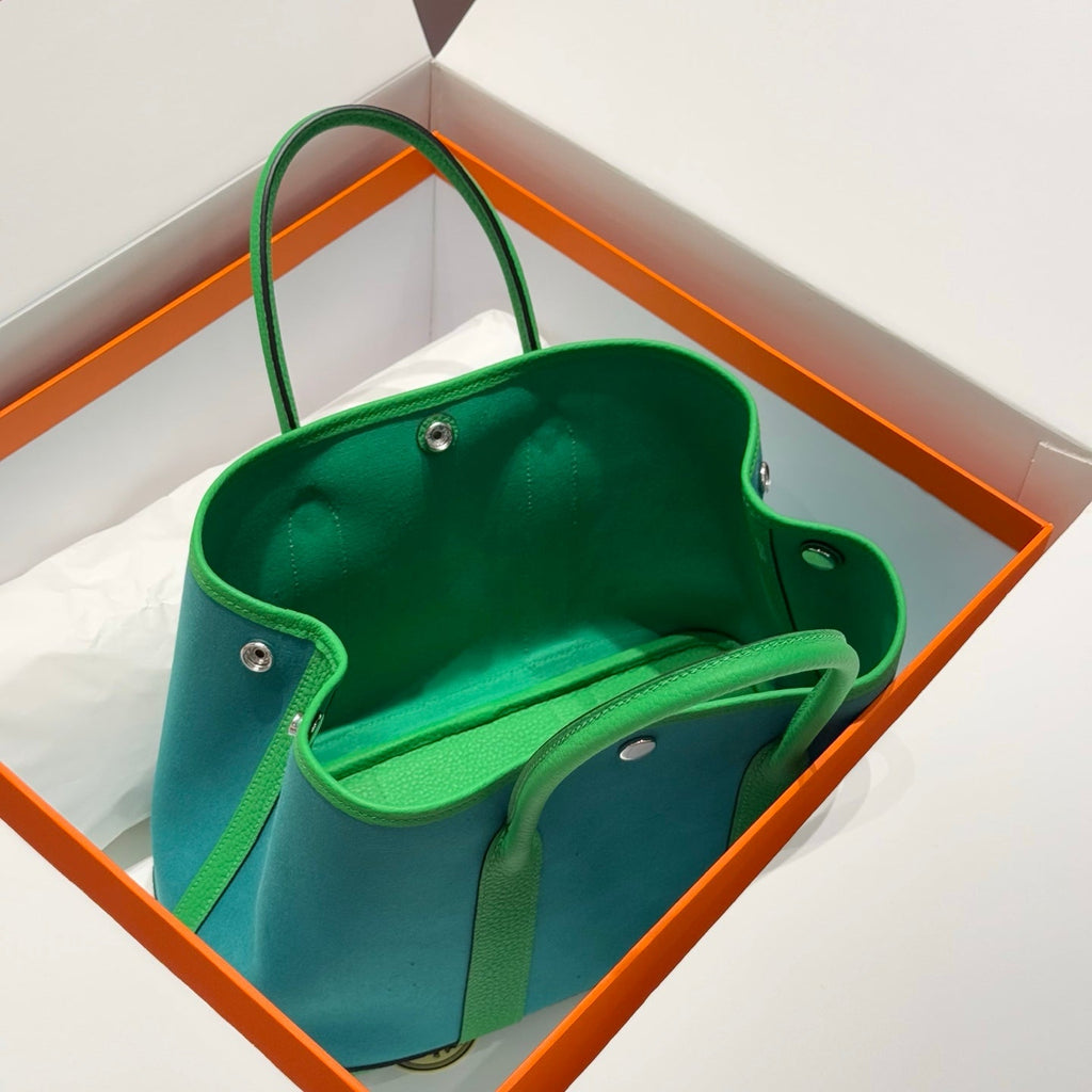 Hermes Garden Party 30cm in Cadmium Green Toilets Cotton Canvas and Green Calfskin Bag