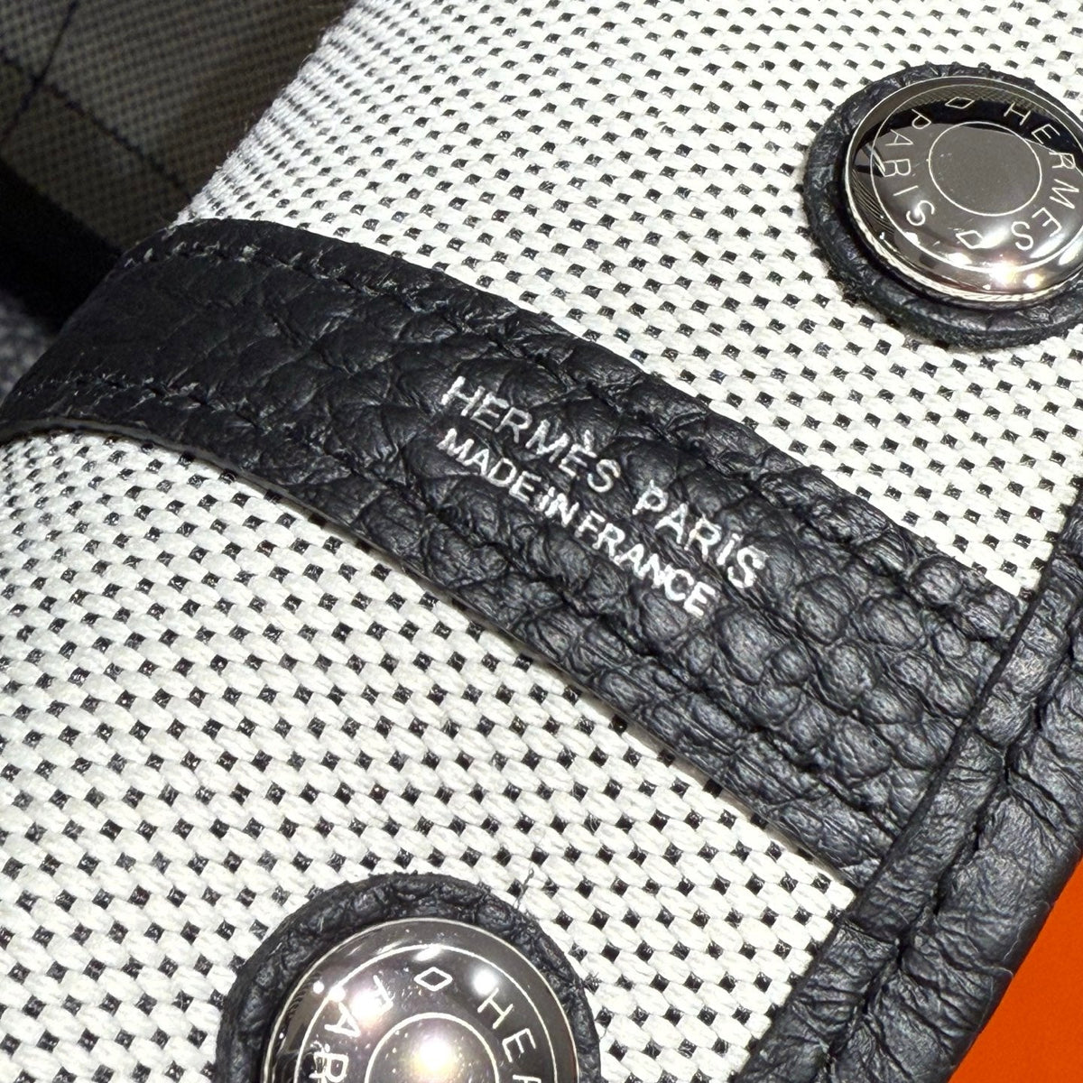 Hermes Garden Party 30cm in White Toilets Cotton Canvas and Black Calfskin Bag