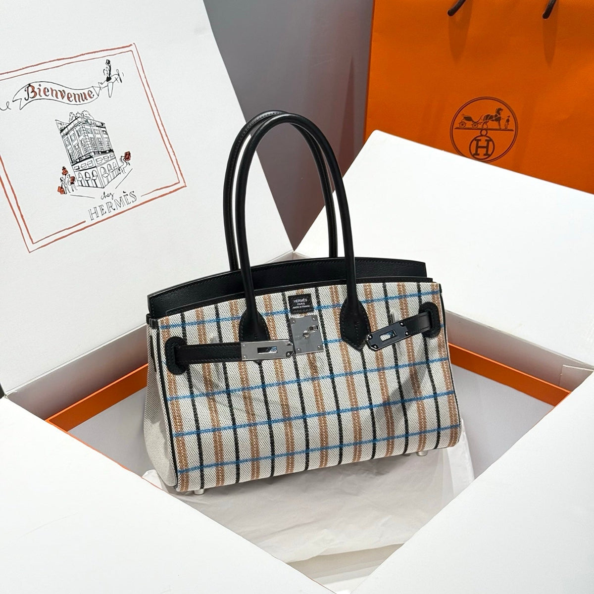 Hermes Birkin Shoulder 29 in Black Calfskin Écru/Noir/Fauve/Noir/Bleu Zanzibar Embroidery Plaid Canvas Bag