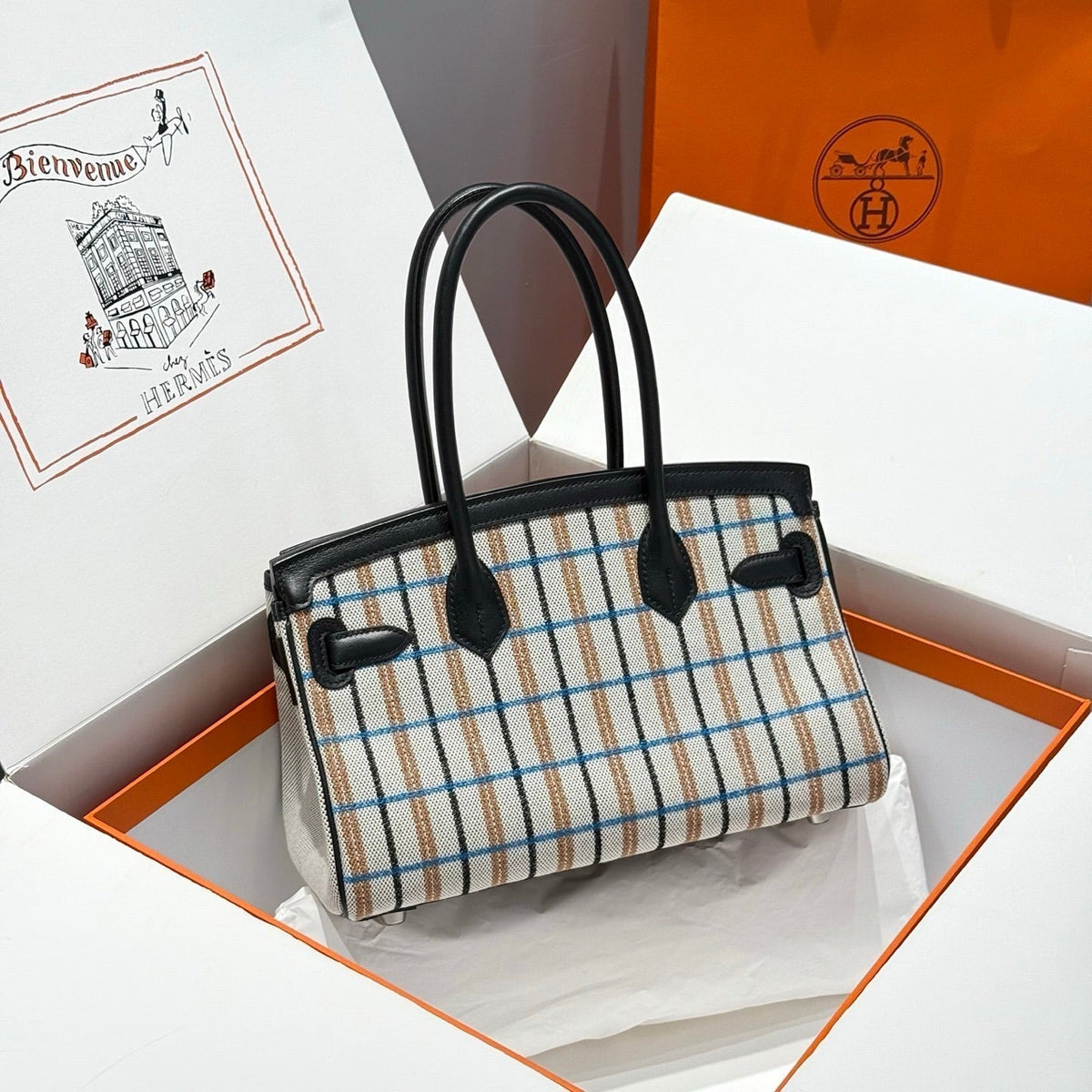 Hermes Birkin Shoulder 29 in Black Calfskin Écru/Noir/Fauve/Noir/Bleu Zanzibar Embroidery Plaid Canvas Bag