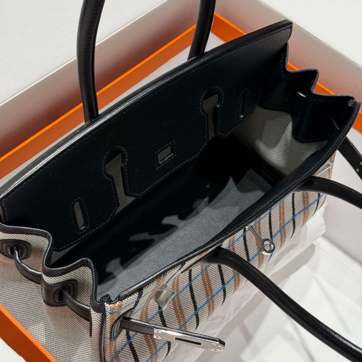 Hermes Birkin Shoulder 29 in Black Calfskin Écru/Noir/Fauve/Noir/Bleu Zanzibar Embroidery Plaid Canvas Bag