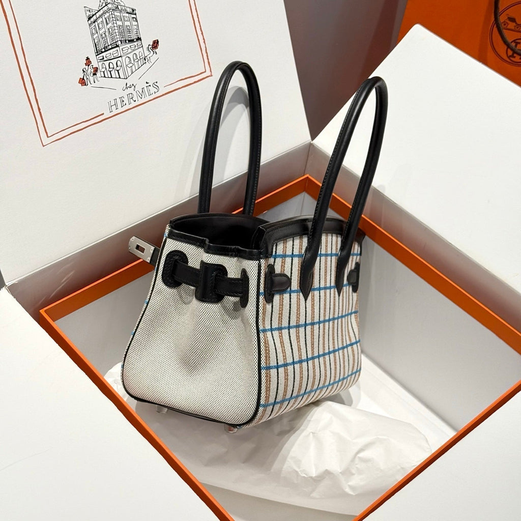 Hermes Birkin Shoulder 29 in Black Calfskin Écru/Noir/Fauve/Noir/Bleu Zanzibar Embroidery Plaid Canvas Bag