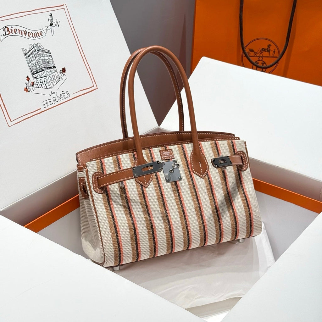 Hermes Birkin Shoulder 29 in Gold Calfskin Écru/Beige/Fauve/Rose Pop/Noir Embroidery Canvas Bag