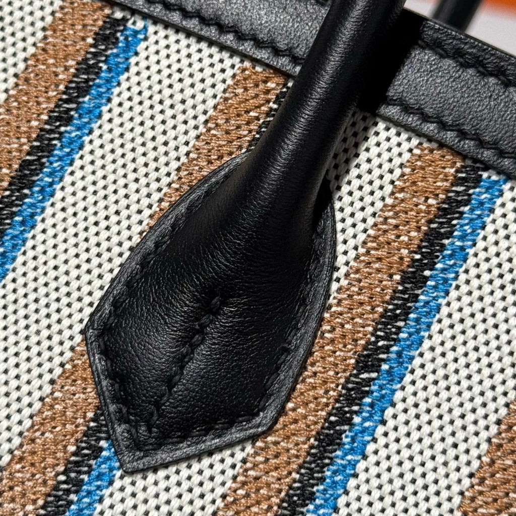 Hermes Birkin Shoulder 29 in Black Calfskin Écru/Noir/Fauve/Noir/Bleu Zanzibar Embroidery Canvas Bag
