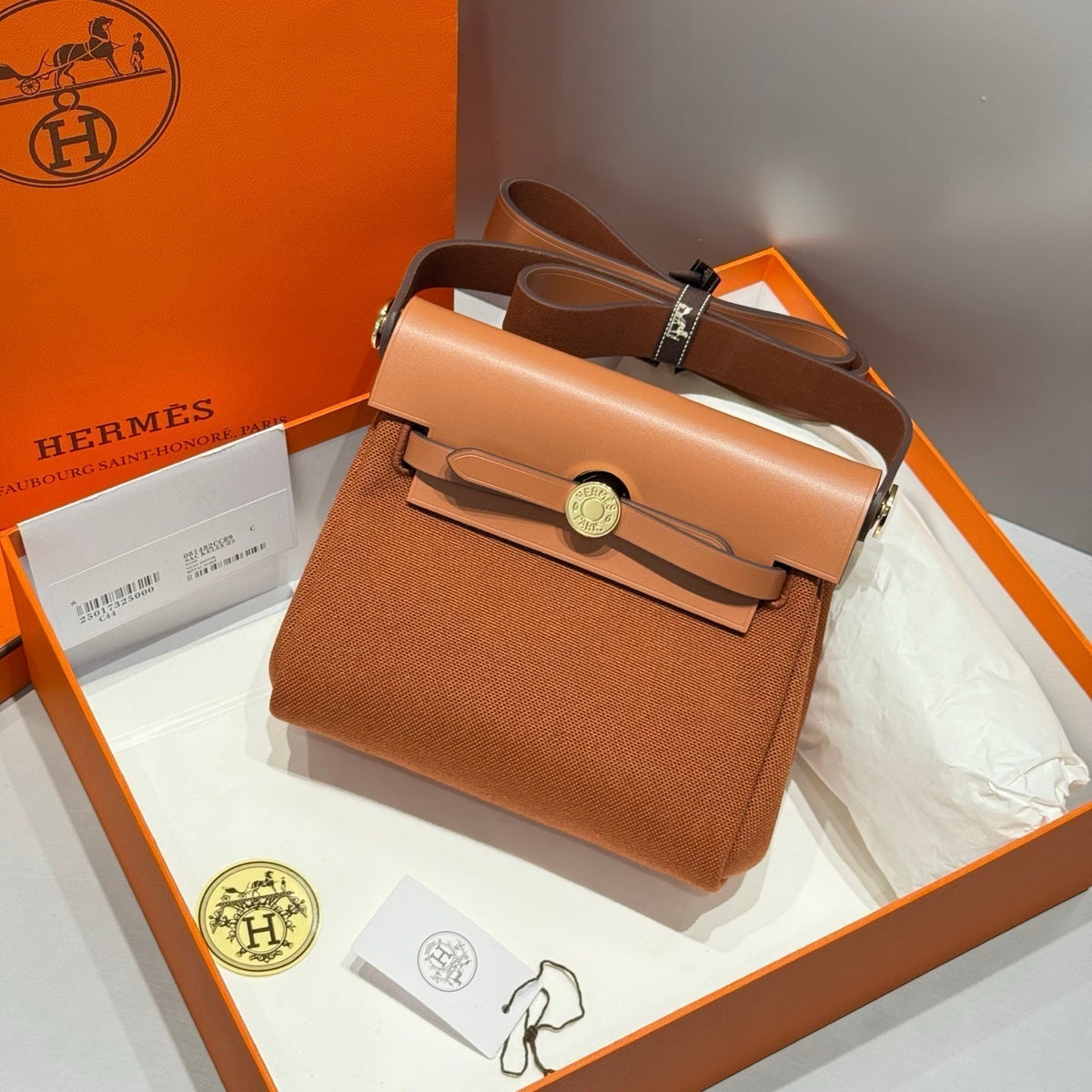 Hermes 25S Mini Herbag 20 in Copper Brown Canvas Gold Hardware Bag
