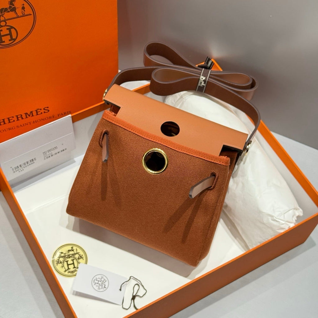 Hermes 25S Mini Herbag 20 in Copper Brown Canvas Gold Hardware Bag