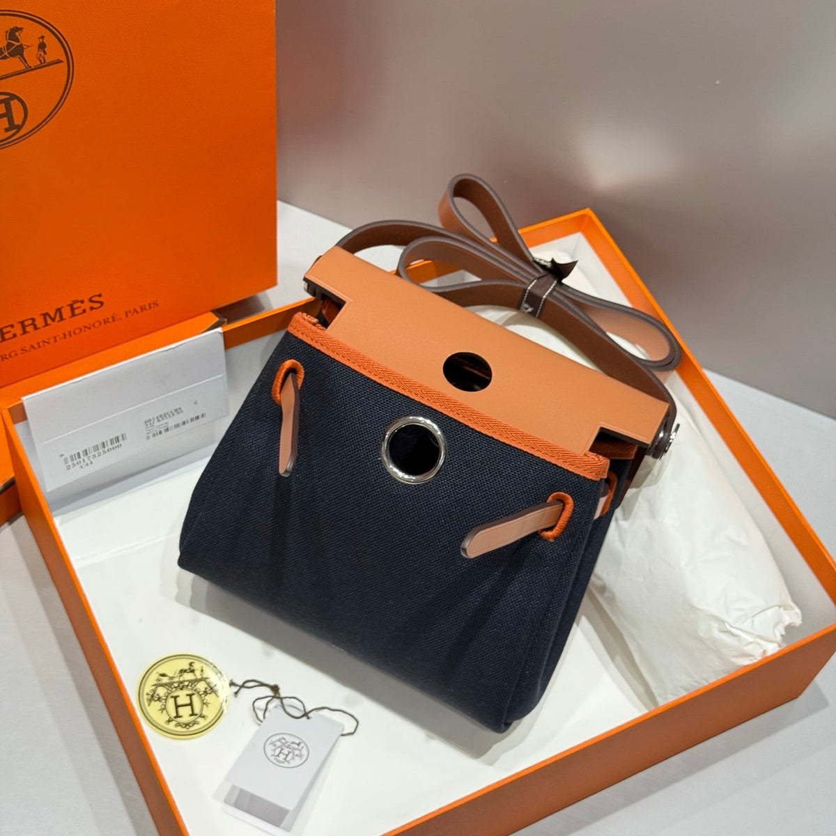 Hermes 25S Mini Herbag 20 in Navy Blue Canvas Silver Hardware Bag