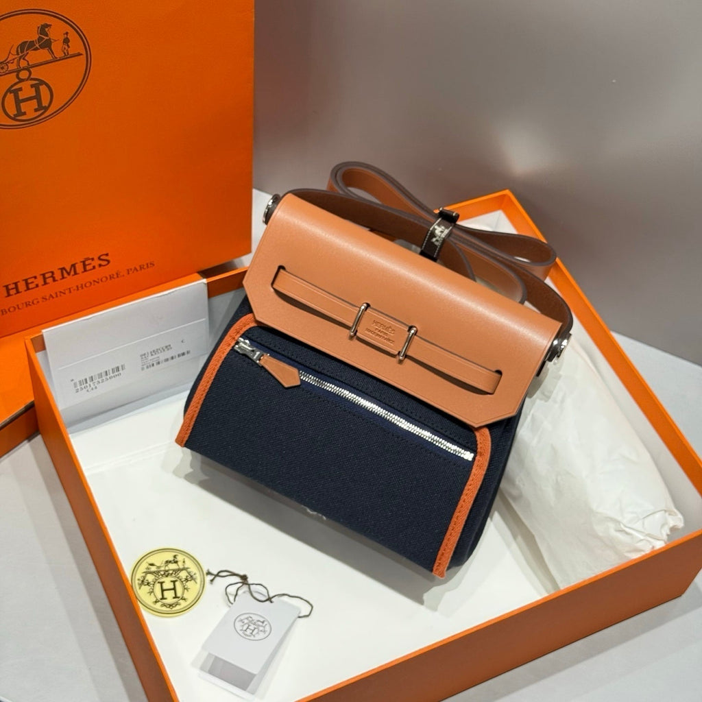 Hermes 25S Mini Herbag 20 in Navy Blue Canvas Silver Hardware Bag