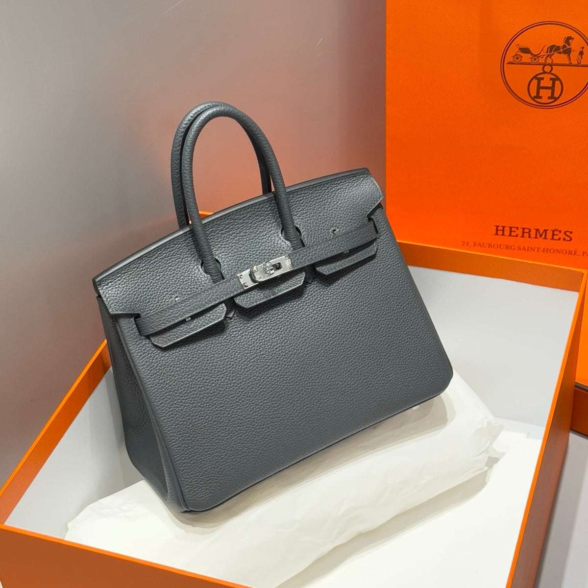 Hermes 25S Medium Birkin 25 in Charcoal Gray Calfskin Silver Hardware Bag