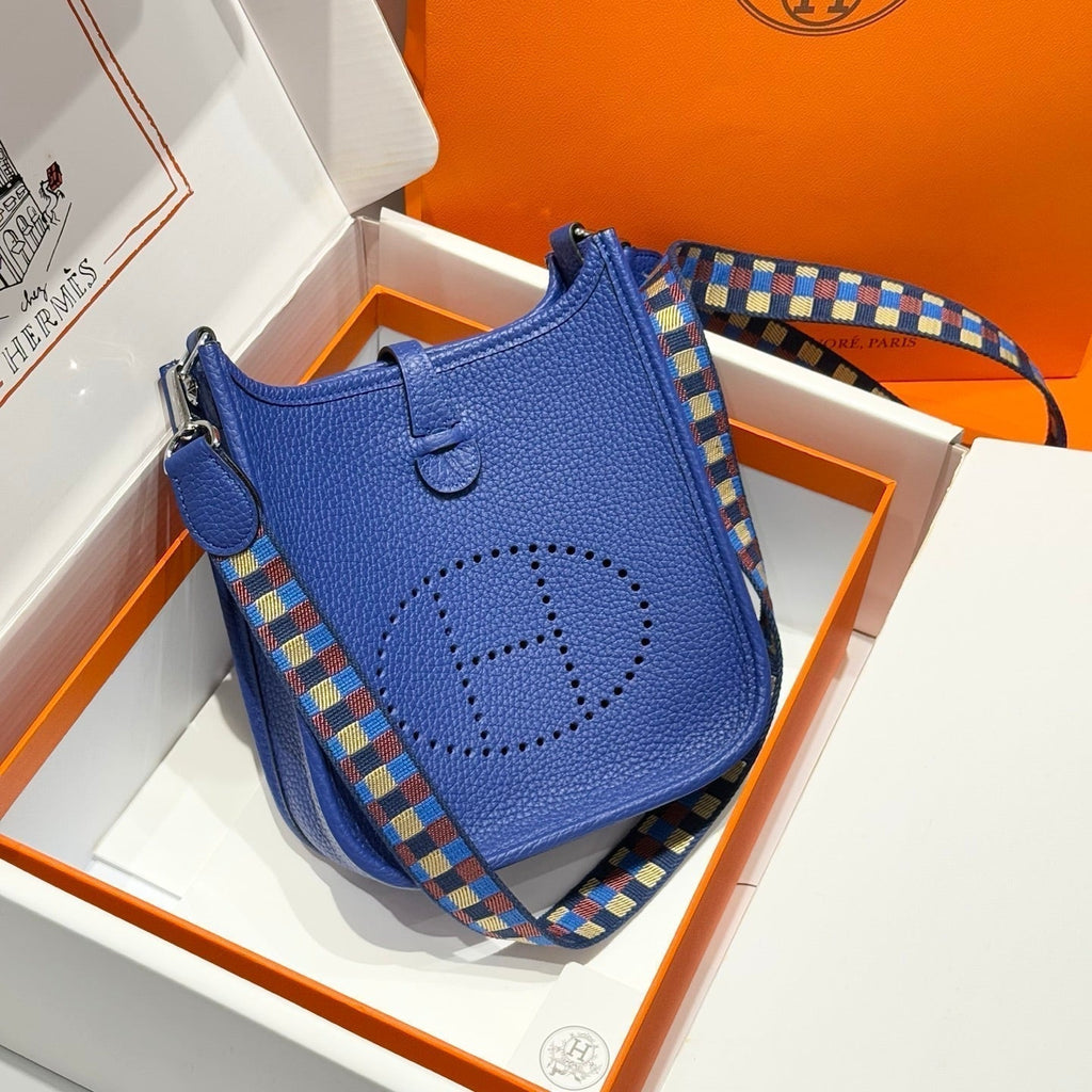 Hermes 25S Mini Evelyne 18 in Blue Patterned Strap Calfskin Silver Hardware Bag