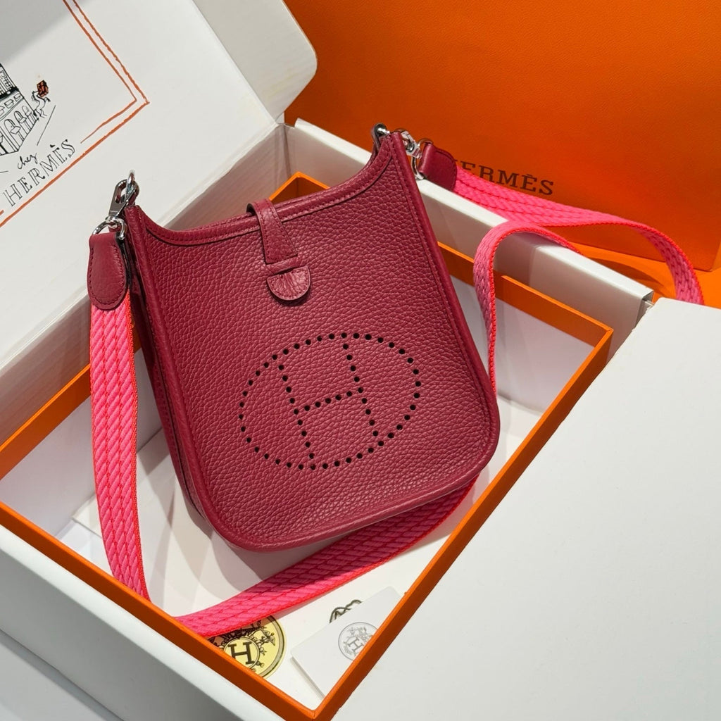 Hermes 25S Mini Evelyne 18 in Burgundy Patterned Strap Calfskin Silver Hardware Bag
