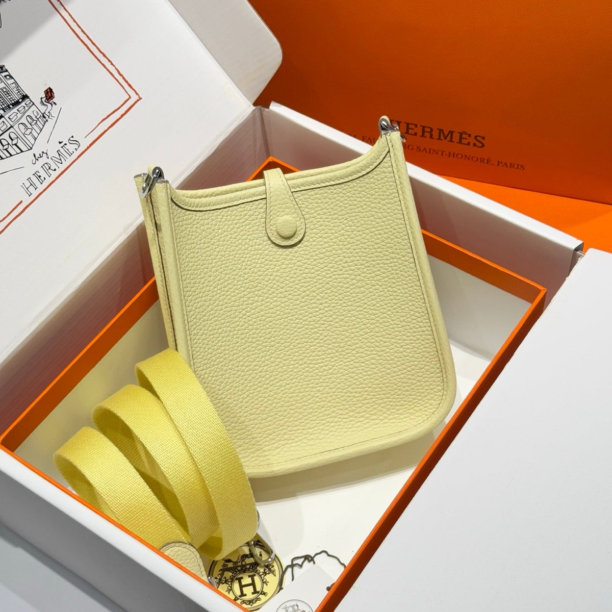 Hermes 25S Mini Evelyne 18 in Milton Yellow Patterned Strap Calfskin Silver Hardware Bag