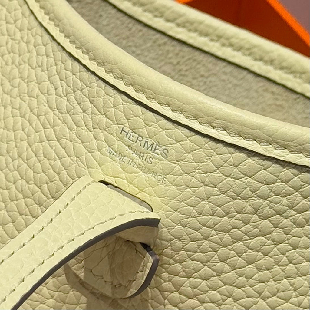 Hermes 25S Mini Evelyne 18 in Milton Yellow Patterned Strap Calfskin Silver Hardware Bag
