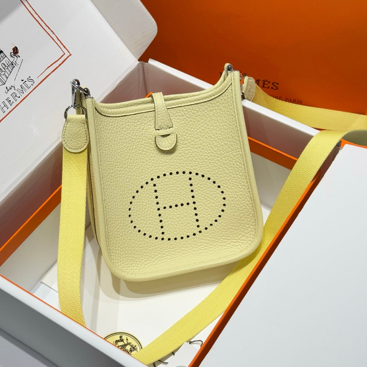 Hermes 25S Mini Evelyne 18 in Milton Yellow Patterned Strap Calfskin Silver Hardware Bag