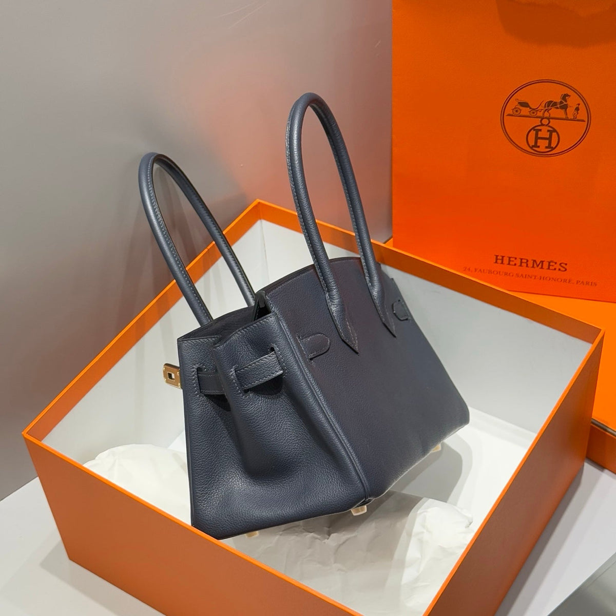 Hermes 25S Shoulder Birkin 29 in Midnight Blue Calfskin Gold Hardware Bag