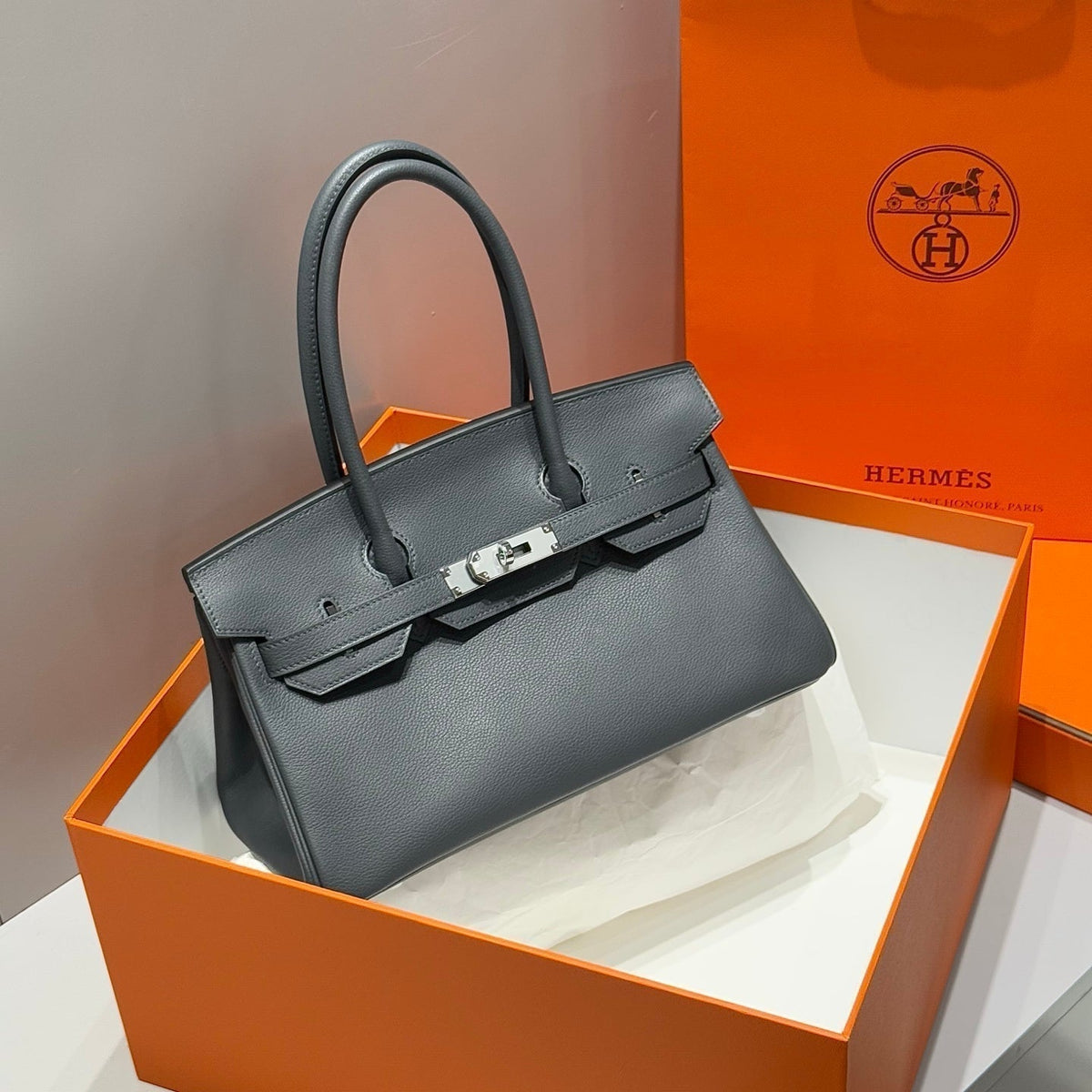 Hermes 25S Shoulder Birkin 29 in Haze Gray Calfskin Silver Hardware Bag