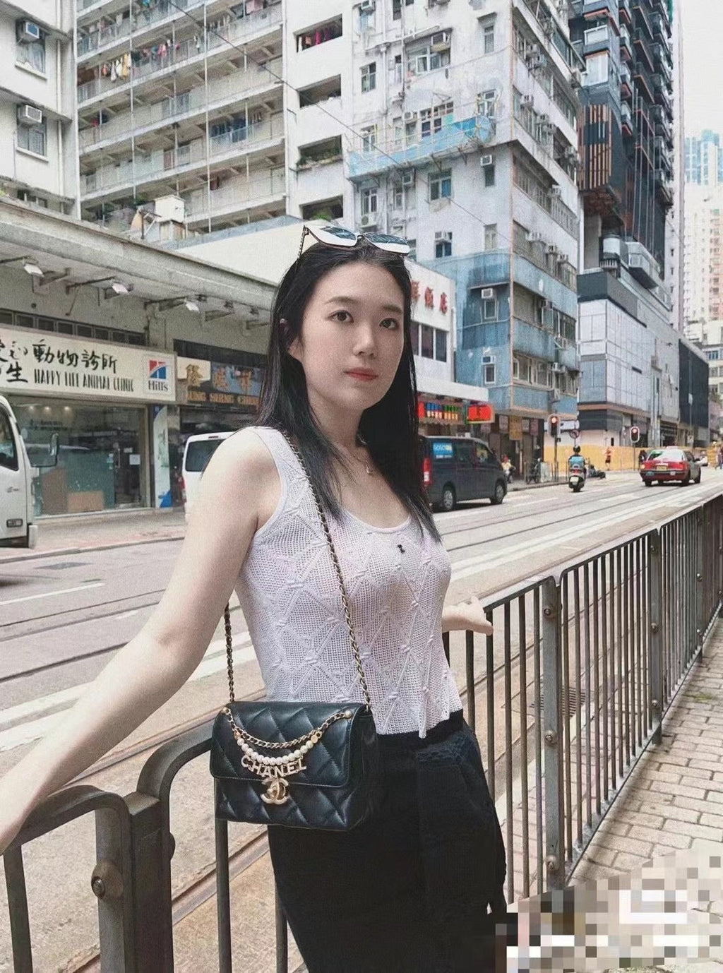 Chanel Mini 22 Flap Bag in Black Calfskin Gold Hardware with Pearl Chain
