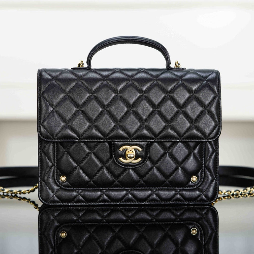 Chanel 25S Top Handle Flap 23 cm in Black Lambskin with Gold Hardware Bag
