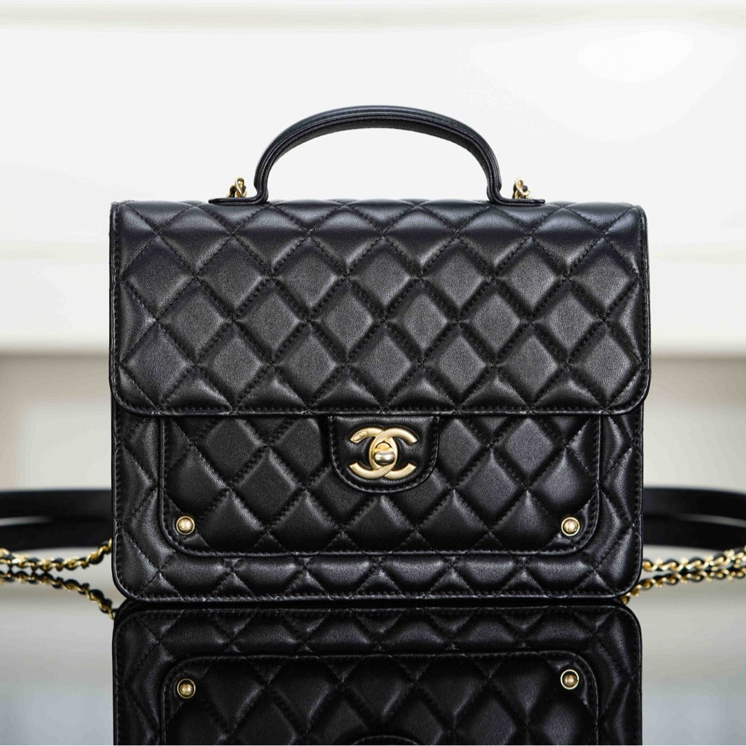 Chanel 25S Top Handle Flap 23 cm in Black Lambskin with Gold Hardware Bag
