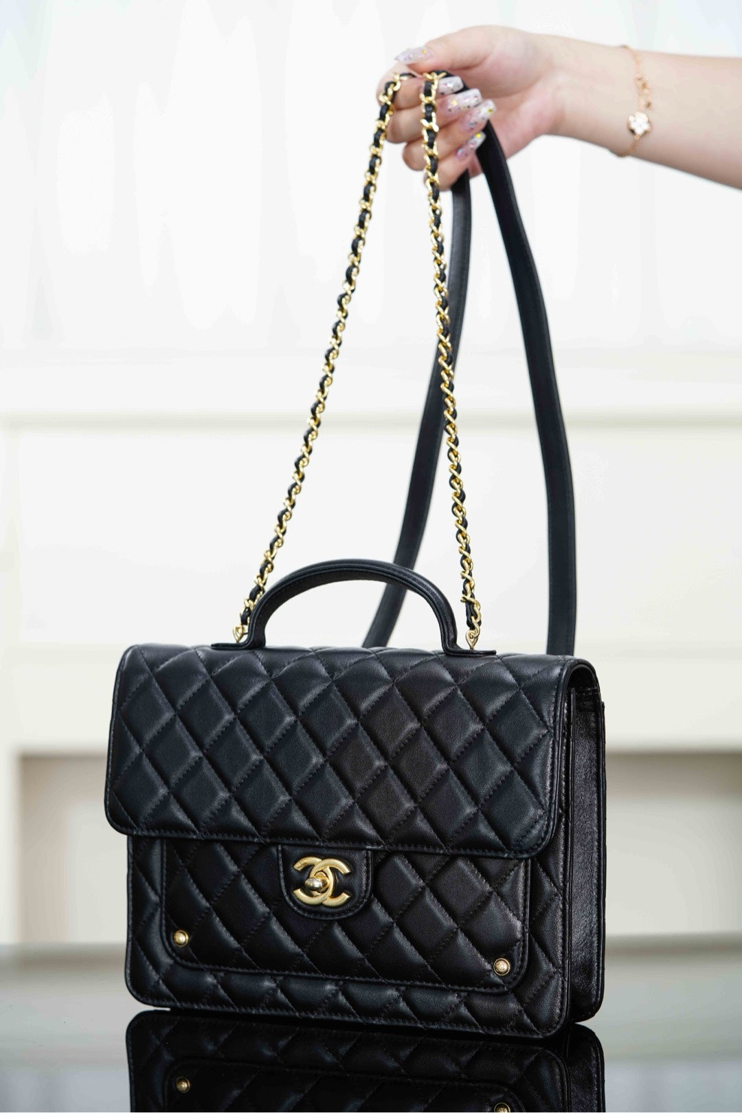 Chanel 25S Top Handle Flap 23 cm in Black Lambskin with Gold Hardware Bag