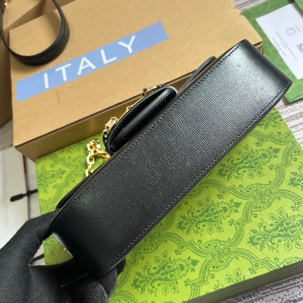 Gucci Diamond Horsebit Shoulder Bag 24 in Black Calfskin Gold Hardware