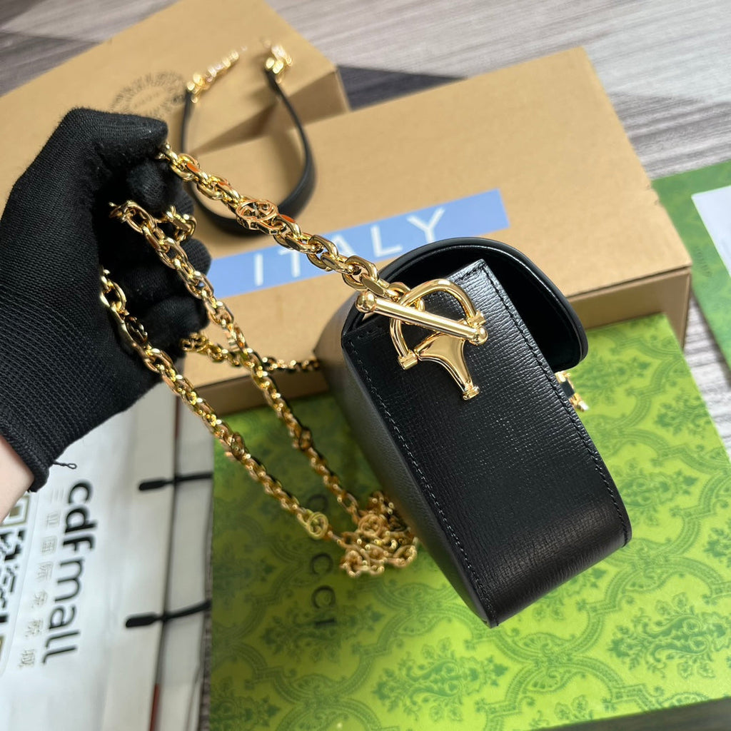 Gucci Diamond Horsebit Shoulder Bag 24 in Black Calfskin Gold Hardware