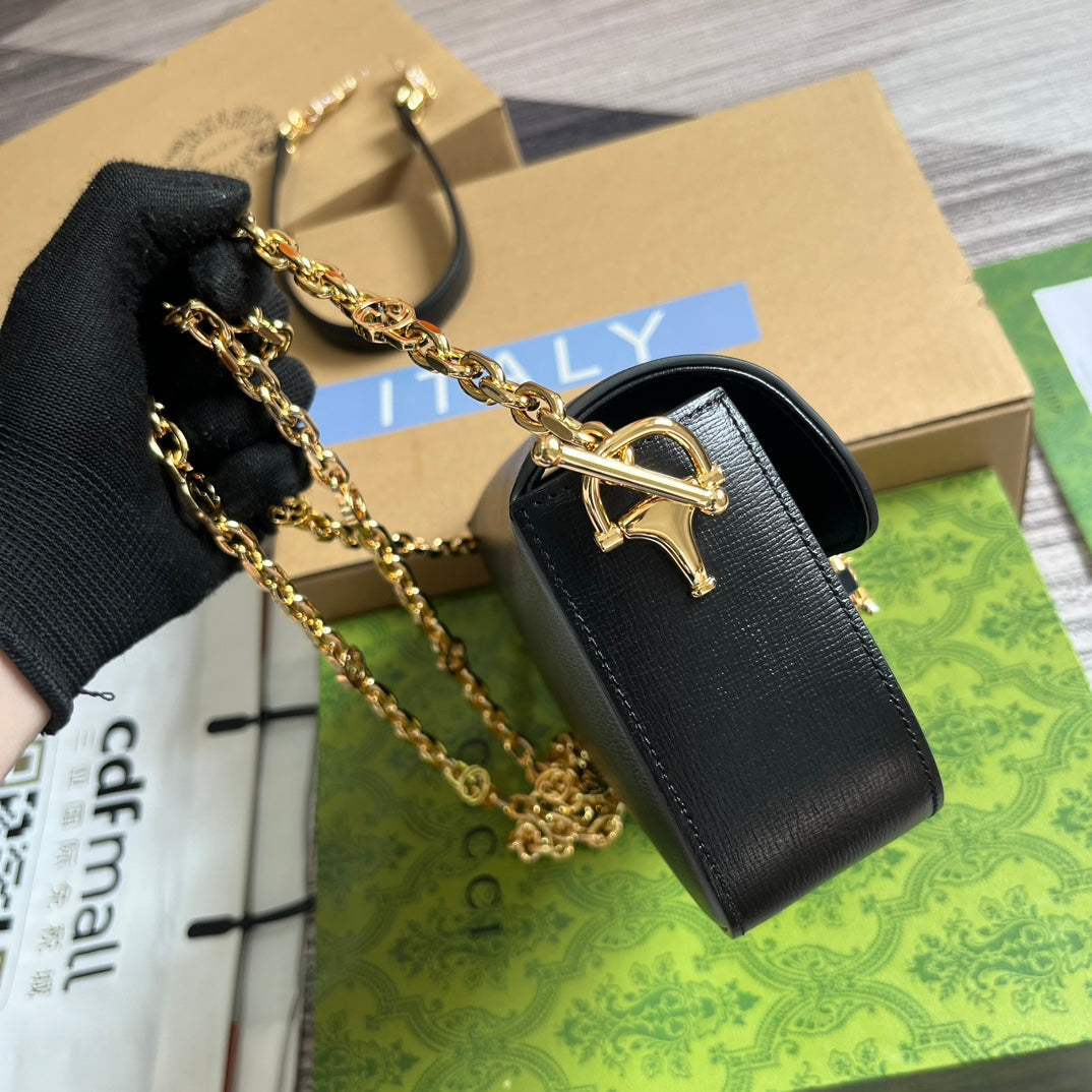 Gucci Diamond Horsebit Shoulder Bag 24 in Black Calfskin Gold Hardware