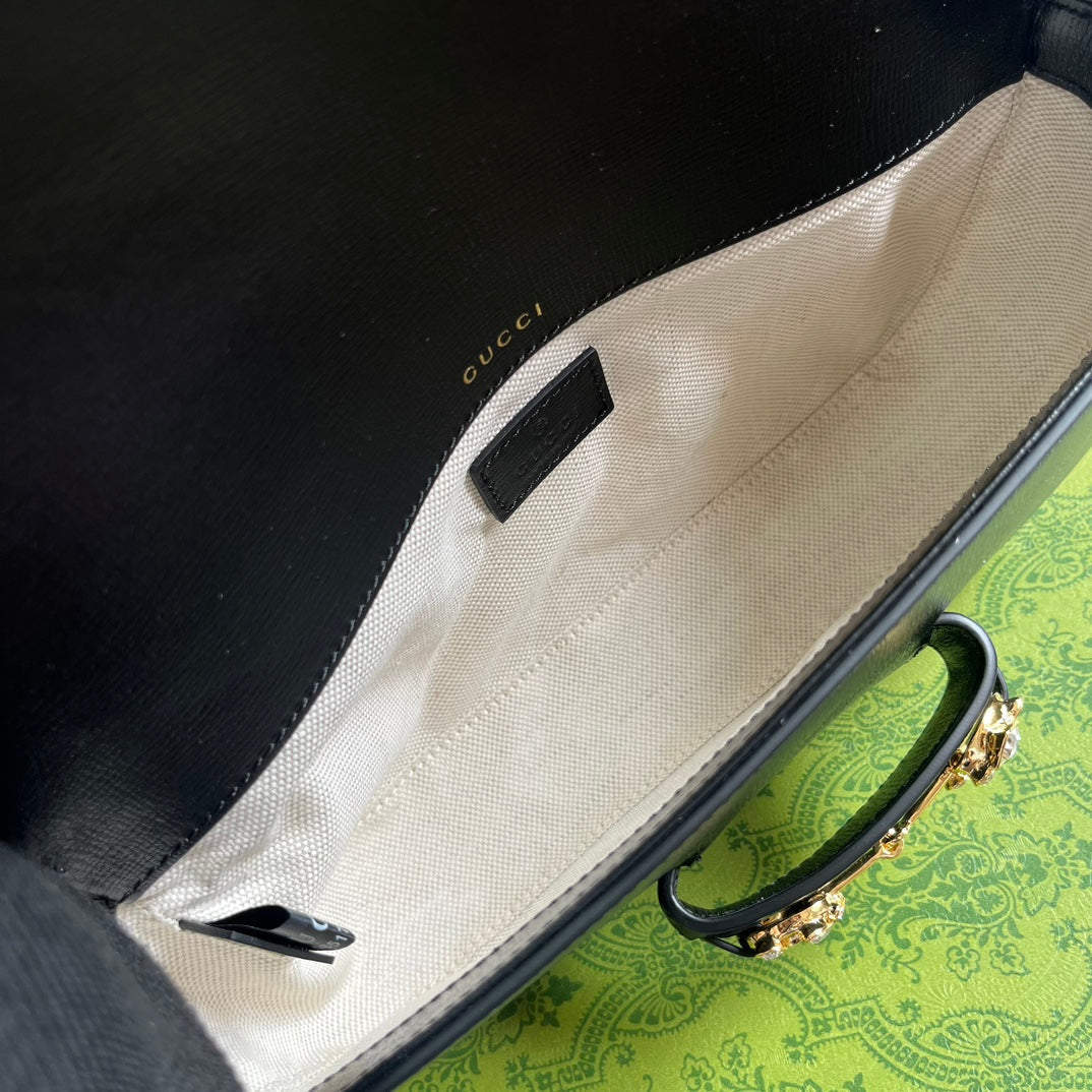 Gucci Diamond Horsebit Shoulder Bag 24 in Black Calfskin Gold Hardware
