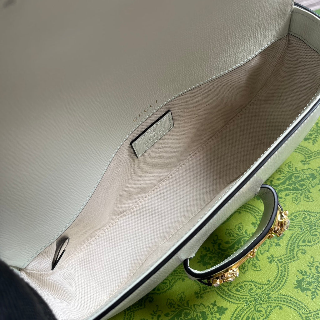 Gucci Diamond Horsebit Shoulder Bag 24 in White Calfskin Gold Hardware