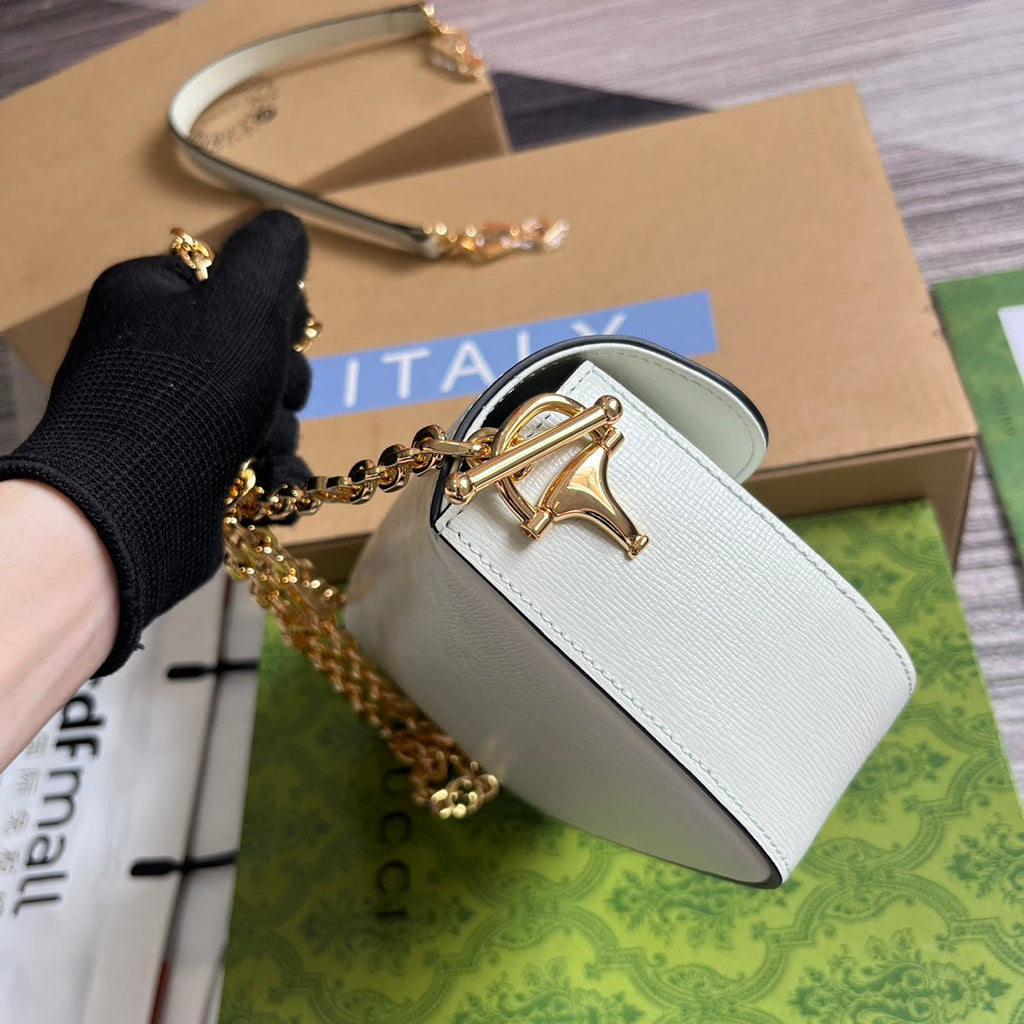 Gucci Diamond Horsebit Shoulder Bag 24 in White Calfskin Gold Hardware