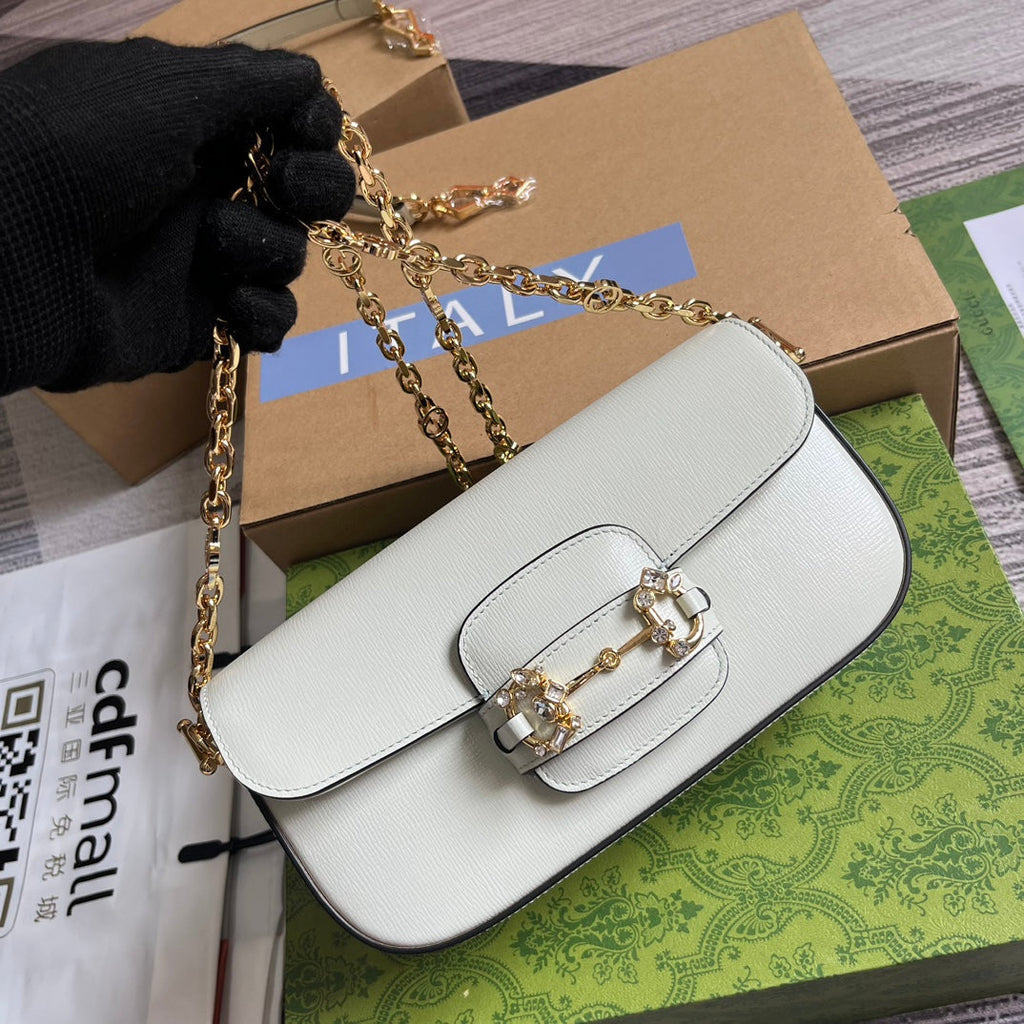 Gucci Diamond Horsebit Shoulder Bag 24 in White Calfskin Gold Hardware