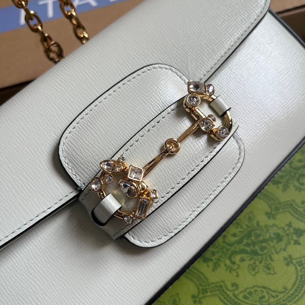 Gucci Diamond Horsebit Shoulder Bag 24 in White Calfskin Gold Hardware