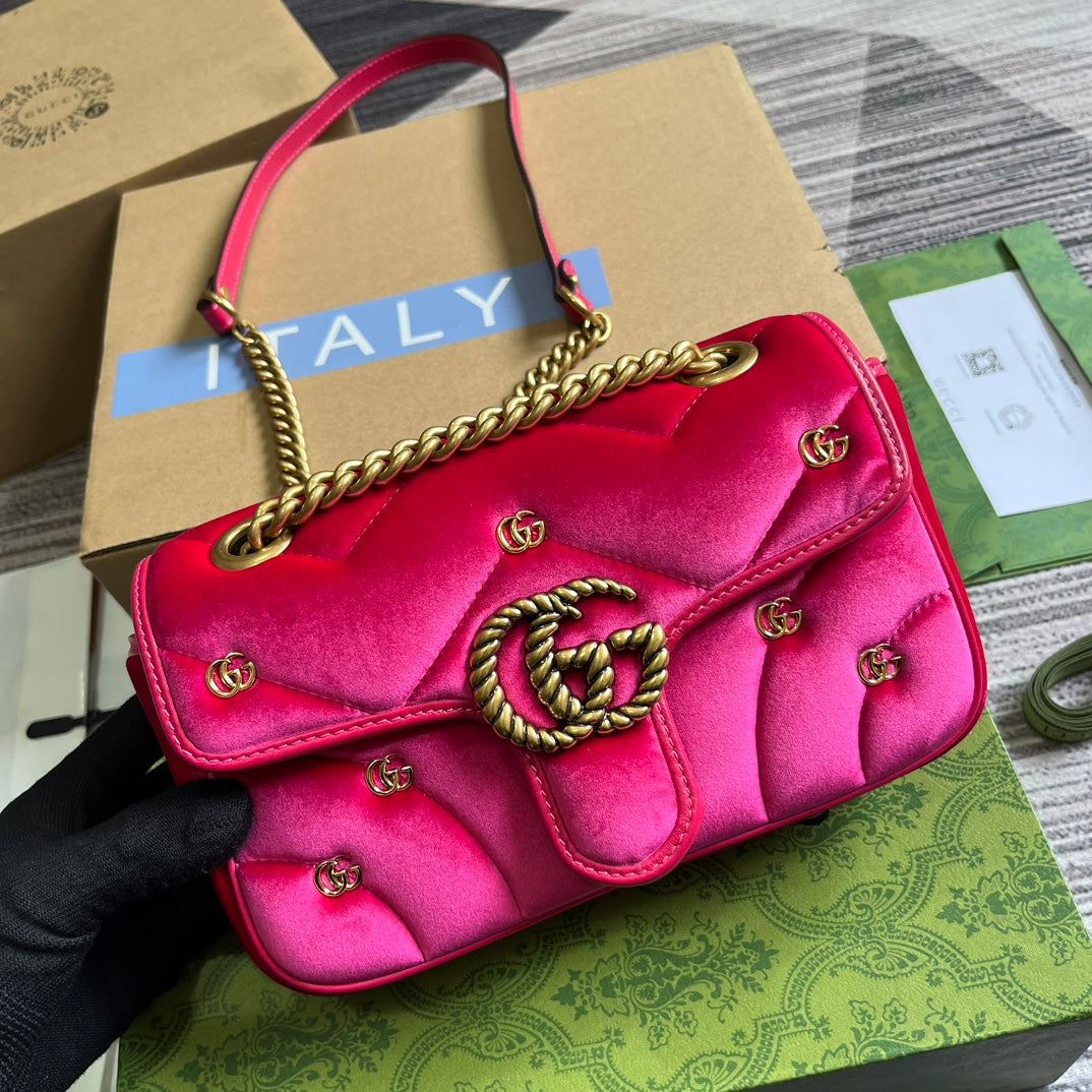 Gucci Marmont Mini 22 Bag in Bright Pink Velvet