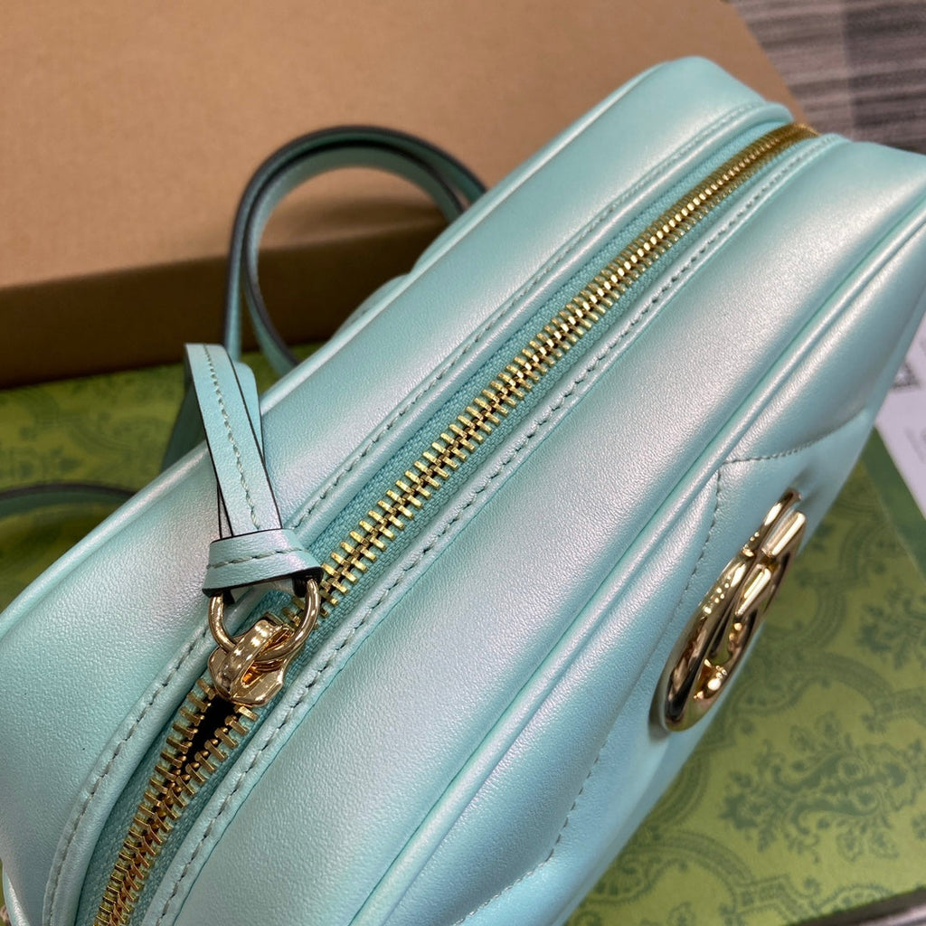 Gucci Marmont 24 Small Matelassé Shoulder Bag Blue Iridescent Calfskin