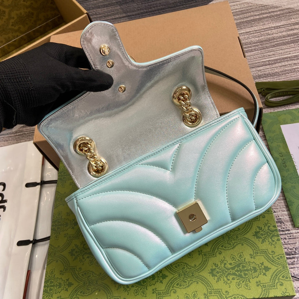 Gucci Marmont 23 Small Shoulder Bag Blue Iridescent Calfskin
