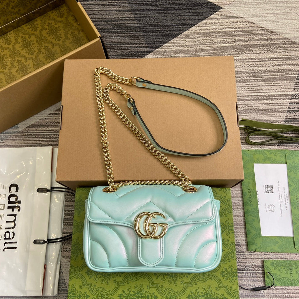 Gucci Marmont 23 Small Shoulder Bag Blue Iridescent Calfskin