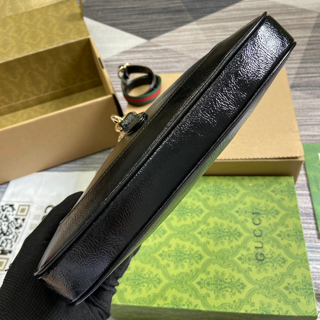 Gucci Jackie Small Shoulder Bag 27 in Black Cracked Lacquer Calfskin Gold Hardware