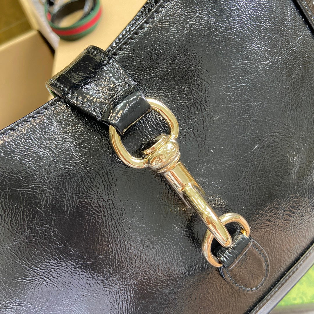 Gucci Jackie Small Shoulder Bag 27 in Black Cracked Lacquer Calfskin Gold Hardware