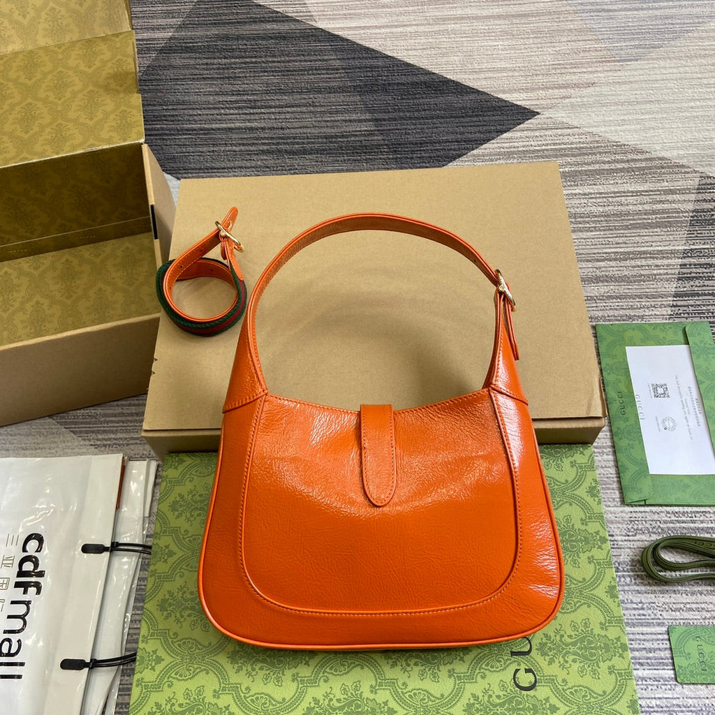 Gucci Jackie Small Shoulder Bag 27 in Orange Cracked Lacquer Calfskin Gold Hardware