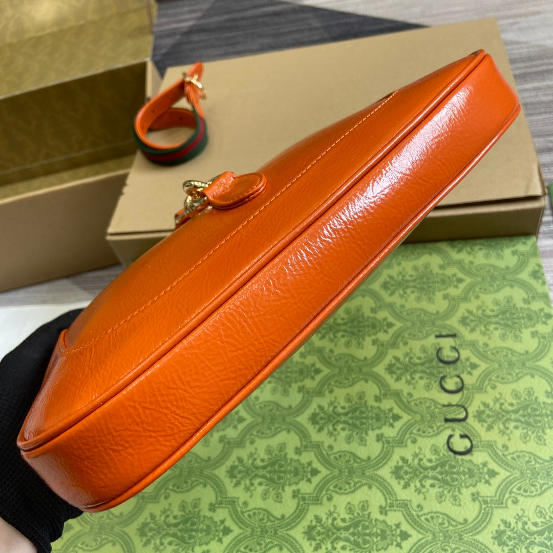 Gucci Jackie Small Shoulder Bag 27 in Orange Cracked Lacquer Calfskin Gold Hardware