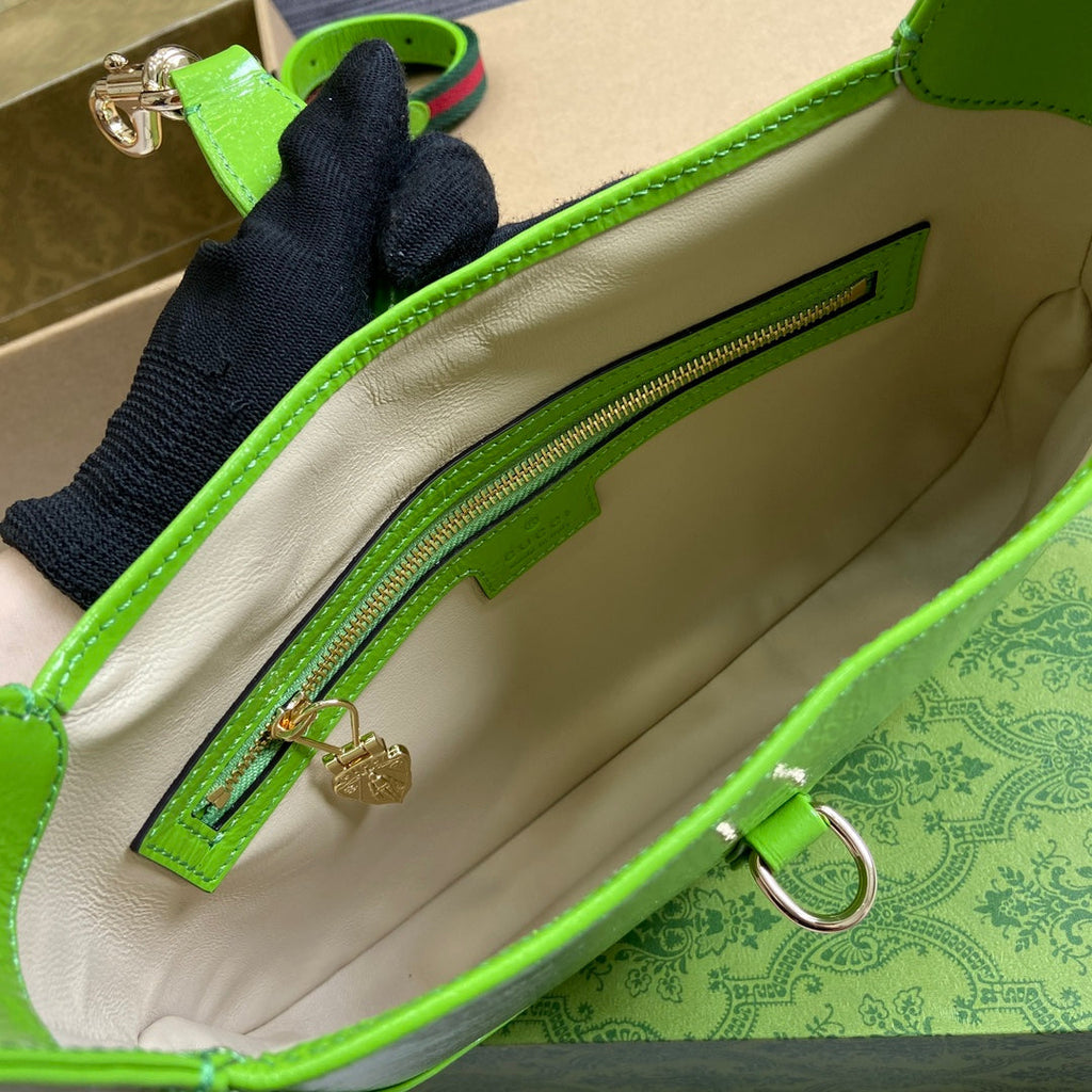 Gucci Jackie Small Shoulder Bag 27 in Lime Green Cracked Lacquer Calfskin Gold Hardware
