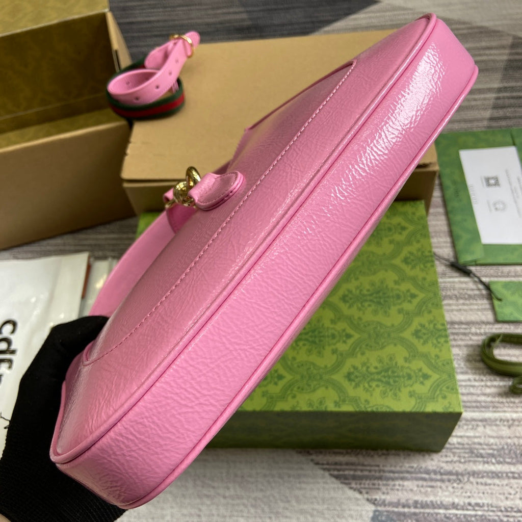 Gucci Jackie Small Shoulder Bag 27 in Pink Cracked Lacquer Calfskin Gold Hardware